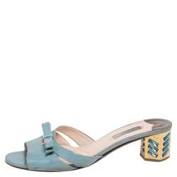 Pre Owned Prada Blue Patent Leather Bow Crystal Embellished Sandals Size 39