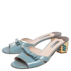 Pre Owned Prada Blue Patent Leather Bow Crystal Embellished Sandals Size 39
