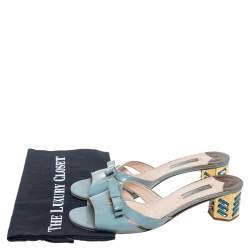 Pre Owned Prada Blue Patent Leather Bow Crystal Embellished Sandals Size 39