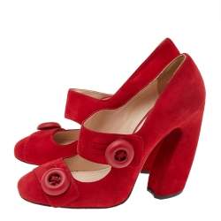 Pre Owned Prada Red Suede Mary Jane Button Pumps Size 37.5