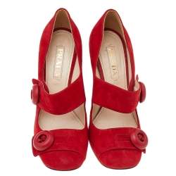 Pre Owned Prada Red Suede Mary Jane Button Pumps Size 37.5