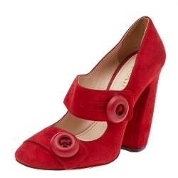 Pre Owned Prada Red Suede Mary Jane Button Pumps Size 37.5