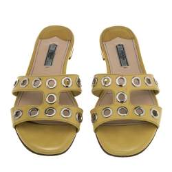 Pre Owned Prada Yellow Patent Leather  Embellished Flat Sandals  Size 39