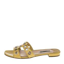Pre Owned Prada Yellow Patent Leather  Embellished Flat Sandals  Size 39