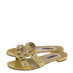 Pre Owned Prada Yellow Patent Leather  Embellished Flat Sandals  Size 39