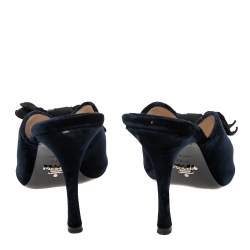 Pre Owned Prada Navy Blue Velvet Grosgrain Peep Toe Mules Size 38.5