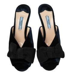 Pre Owned Prada Navy Blue Velvet Grosgrain Peep Toe Mules Size 38.5