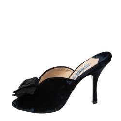 Pre Owned Prada Navy Blue Velvet Grosgrain Peep Toe Mules Size 38.5