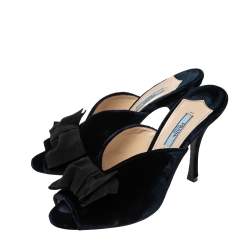 Pre Owned Prada Navy Blue Velvet Grosgrain Peep Toe Mules Size 38.5