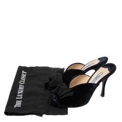 Pre Owned Prada Navy Blue Velvet Grosgrain Peep Toe Mules Size 38.5