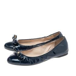 Pre Owned Prada Dark Blue Patent Leather Bow Ballet Flats Size 38.5