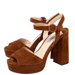 Pre Owned Prada Brown Suede Platform Ankle Strap Sandals Size 39.5