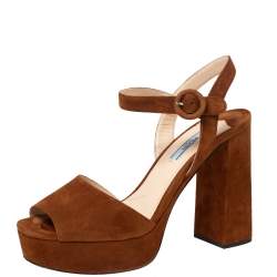 Pre Owned Prada Brown Suede Platform Ankle Strap Sandals Size 39.5