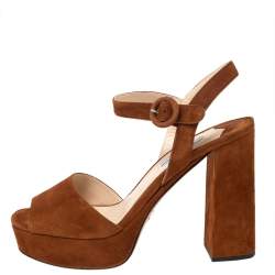 Pre Owned Prada Brown Suede Platform Ankle Strap Sandals Size 39.5