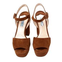 Pre Owned Prada Brown Suede Platform Ankle Strap Sandals Size 39.5