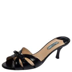 Pre Owned Prada Black Saffiano Patent Leather Bow Slides Size 39