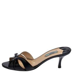 Pre Owned Prada Black Saffiano Patent Leather Bow Slides Size 39