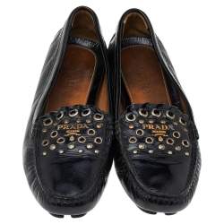 Prada Black Patent Leather Studded Slip On Loafers Size 36