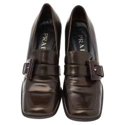 Pre Owned Prada Dark Brown Leather Slip On Loafer Pumps Size 37