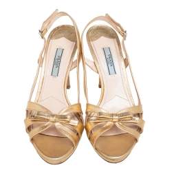 Pre Owned Prada Gold Leather  Strappy Slingback Sandals Size 37