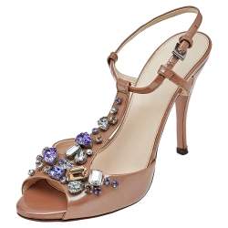 Pre Owned Prada Beige Patent Leather Crystal Embellished Ankle Strap Sandals Size 37.5