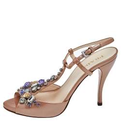 Pre Owned Prada Beige Patent Leather Crystal Embellished Ankle Strap Sandals Size 37.5