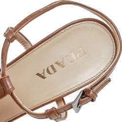 Pre Owned Prada Beige Patent Leather Crystal Embellished Ankle Strap Sandals Size 37.5