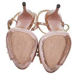 Pre Owned Prada Beige Patent Leather Crystal Embellished Ankle Strap Sandals Size 37.5