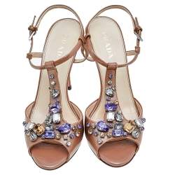 Pre Owned Prada Beige Patent Leather Crystal Embellished Ankle Strap Sandals Size 37.5