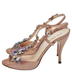 Pre Owned Prada Beige Patent Leather Crystal Embellished Ankle Strap Sandals Size 37.5