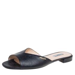 Pre Owned Prada Black Saffiano Patent Leather Slide Flats Size 41