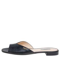 Pre Owned Prada Black Saffiano Patent Leather Slide Flats Size 41