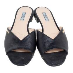 Pre Owned Prada Black Saffiano Patent Leather Slide Flats Size 41