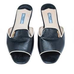 Pre Owned Prada Black Saffiano Patent Leather Flat Slides Size 37.5