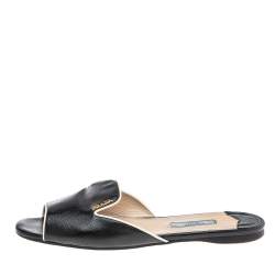 Pre Owned Prada Black Saffiano Patent Leather Flat Slides Size 37.5