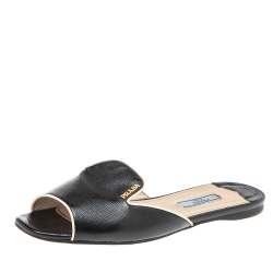Pre Owned Prada Black Saffiano Patent Leather Flat Slides Size 37.5
