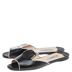 Pre Owned Prada Black Saffiano Patent Leather Flat Slides Size 37.5