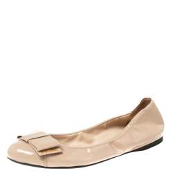 Pre Owned Prada Nude Patent Leather Bow Scrunch Ballet Flats Size 40.5