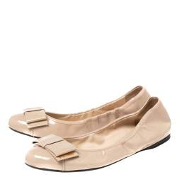 Pre Owned Prada Nude Patent Leather Bow Scrunch Ballet Flats Size 40.5