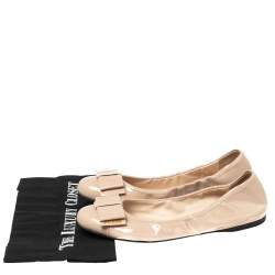Pre Owned Prada Nude Patent Leather Bow Scrunch Ballet Flats Size 40.5