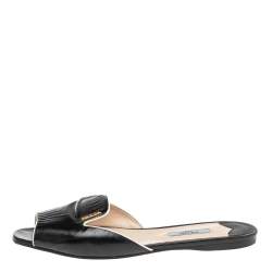 Pre Owned Prada Black Saffiano Vernice Leather Flat Slides Size 39.5