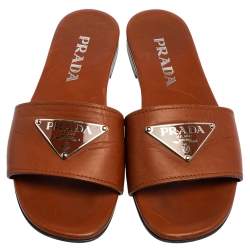 Pre Owned Prada Brown Leather Logo Detail Flat Slides Size 36