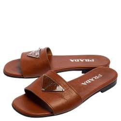Pre Owned Prada Brown Leather Logo Detail Flat Slides Size 36