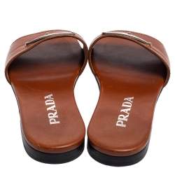 Pre Owned Prada Brown Leather Logo Detail Flat Slides Size 36
