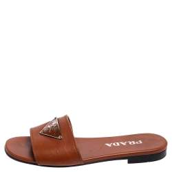Pre Owned Prada Brown Leather Logo Detail Flat Slides Size 36