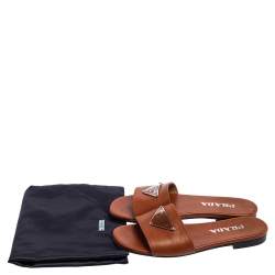 Pre Owned Prada Brown Leather Logo Detail Flat Slides Size 36