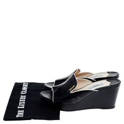 Prada Black/White Saffiano Patent Leather Wedge Slide Sandal Size 38