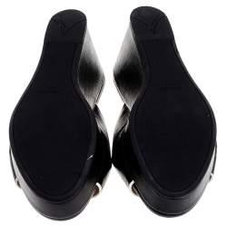 Prada Black/White Saffiano Patent Leather Wedge Slide Sandal Size 38