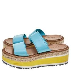 Pre Owned Prada Turquoise Leather Platform Espadrille Sandals Size 37.5