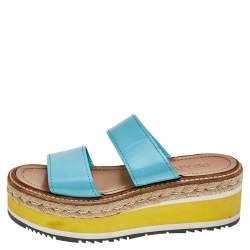 Pre Owned Prada Turquoise Leather Platform Espadrille Sandals Size 37.5